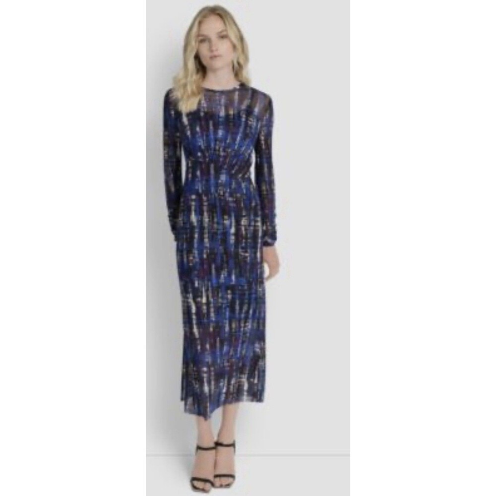 DKNY Women's Long Sleeve Crew Neck A Line Dress-Blue Multi, Size-8 Missing Inner